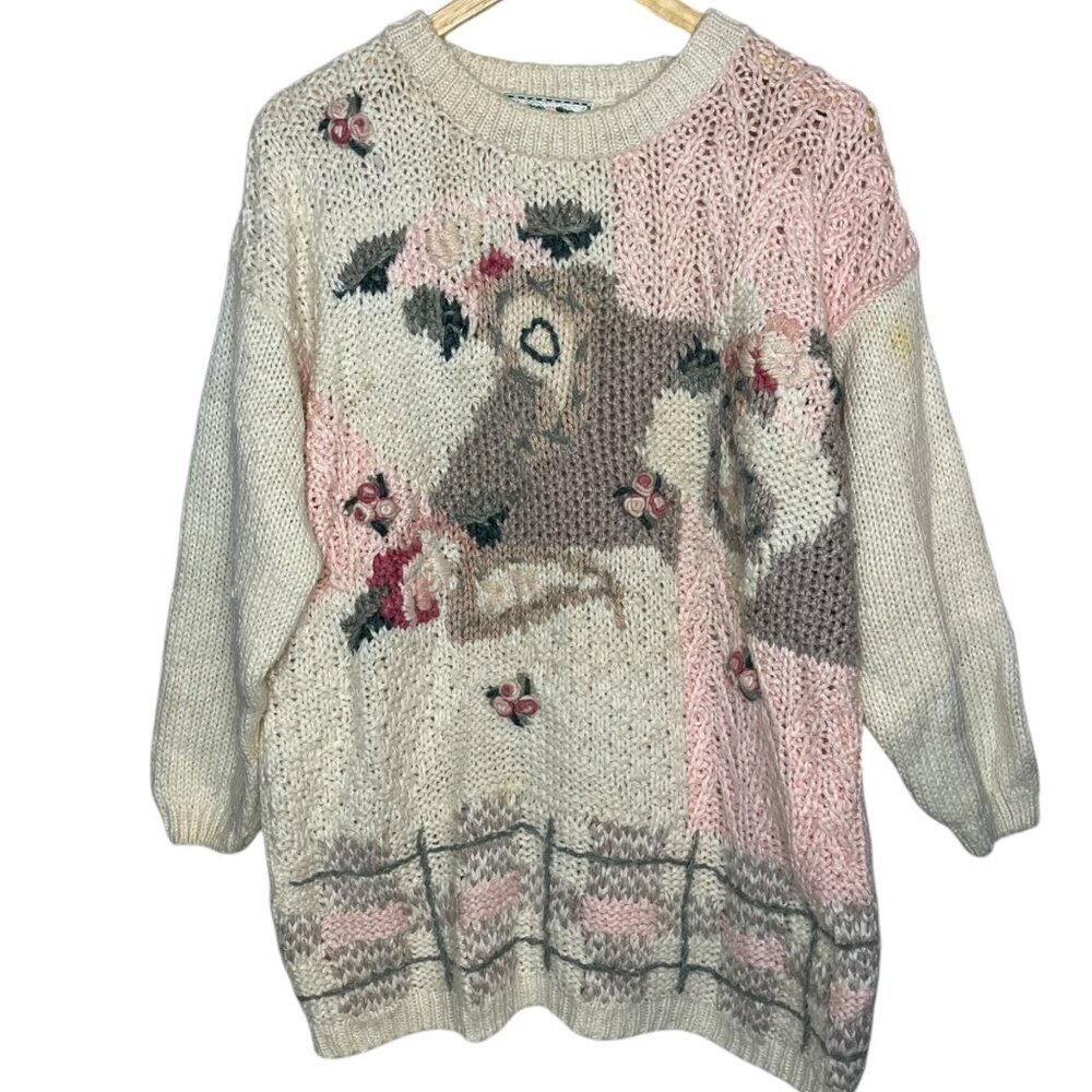 Vintage Emerald Isle L Hand Knit Flower Sweater Cream‎ Pink Grannycore Applique